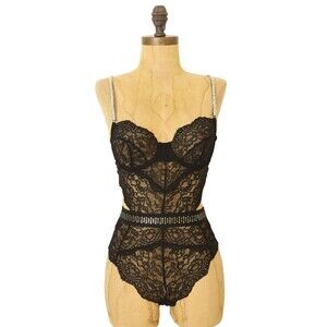 Ann Summers Sexy Bodysuit Teddy Rhinestones XS Black Cheeky Lingerie NWT B47
